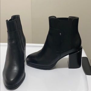 Black leather and mirror platform heeled bootie